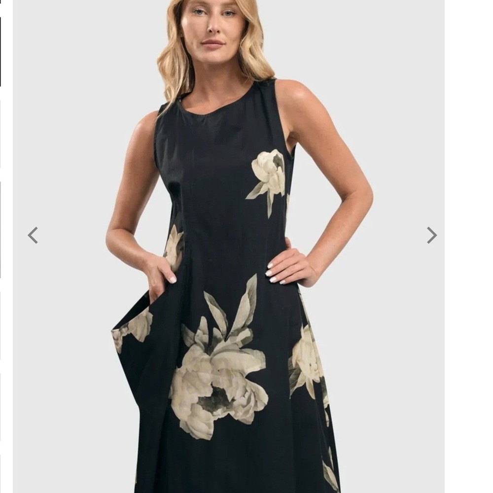 Alembika Carla Pocket Black Floral Sleeveless Midi Dress Sz 0 (US 4-6) Lagenlook